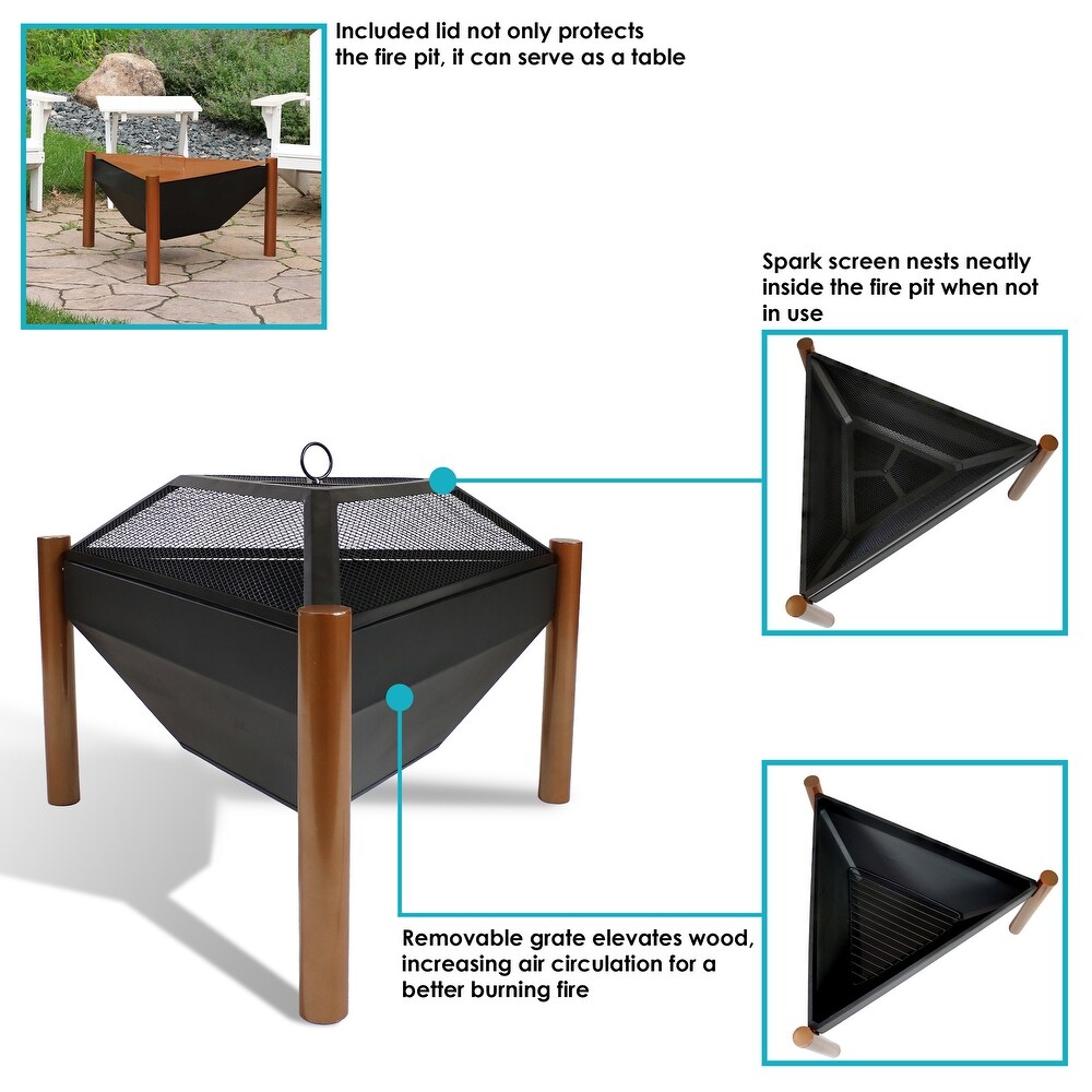 Sunnydaze Steel Outdoor Triangle Fire Pit and Side Table   31 Inch   N/A