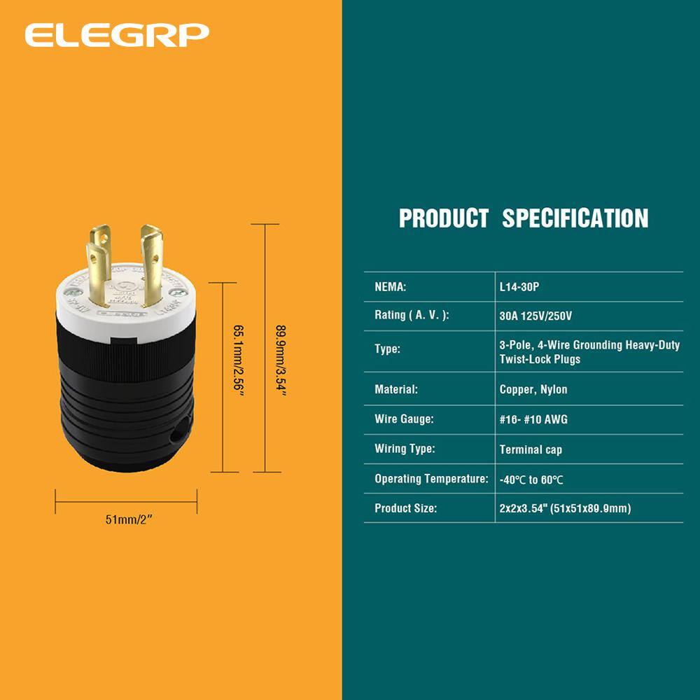 ELEGRP 30 Amp 125-Volt250-Volt NEMA L14-30P Locking Plug Industrial Grade Grounding Heavy Duty BlackWhite L1430P