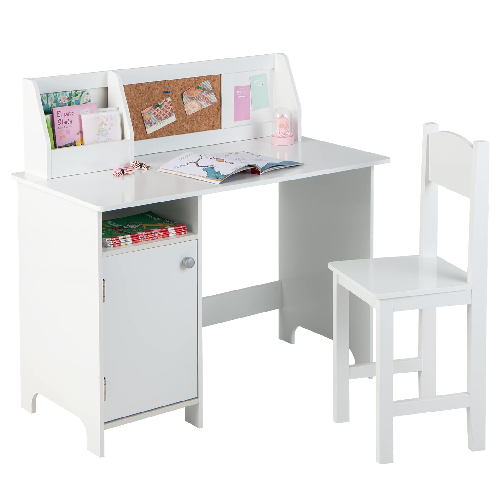 Costzon Kids Desk and Chair Set, Wooden Children Study Table with Hutch