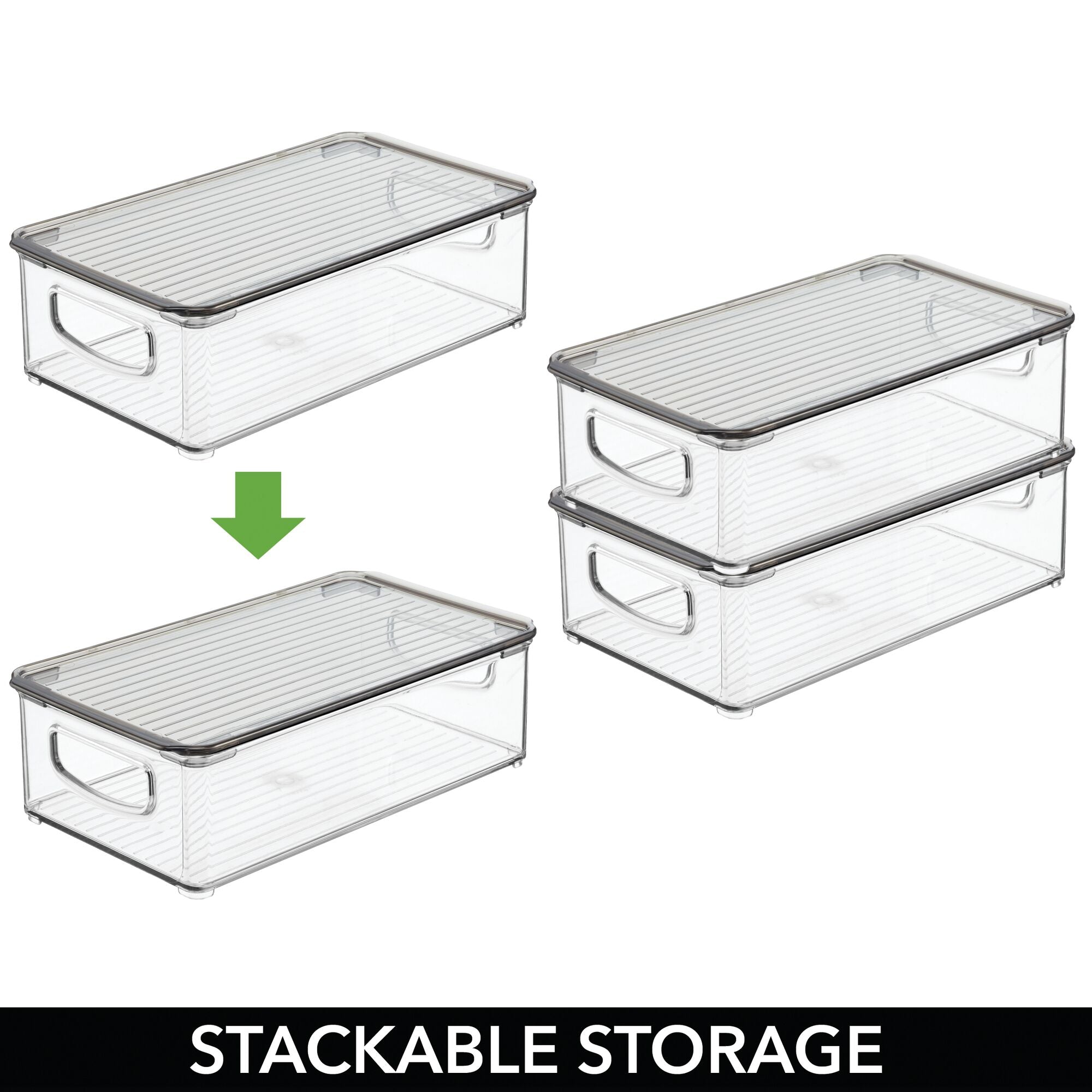 mDesign Plastic Stackable Kitchen & Pantry Storage Box for Cabinet, Refrigerator, Freezer Food Storage with Handles, Lid - Organization for Fruit, Snacks, Pasta - 3" High, 6 Pack - Clear/Smoke Gray