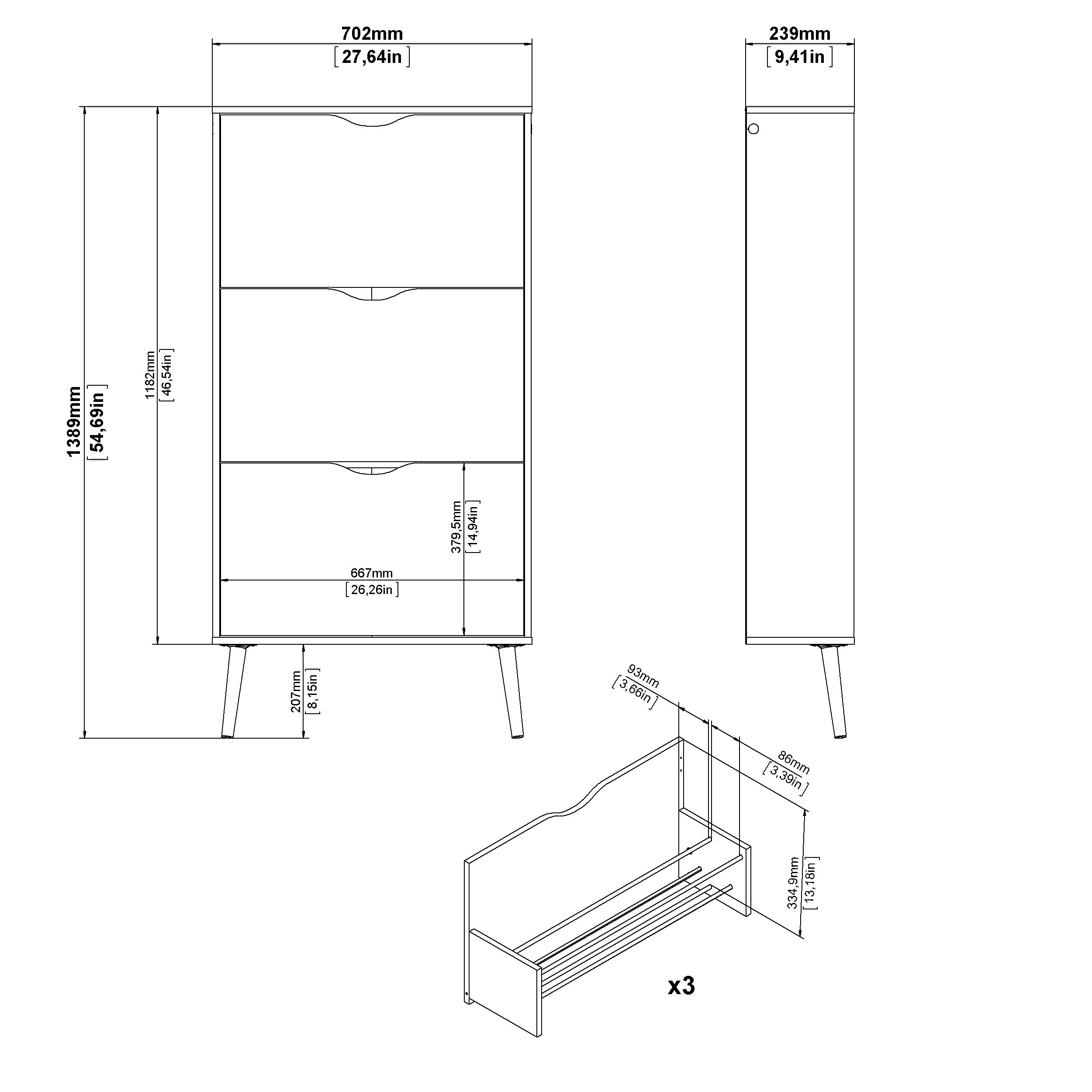 Diana 3-Drawer Shoe Accent Cabinet， accommodates  18-21 Pairs of Shoes; White/Oak Structure