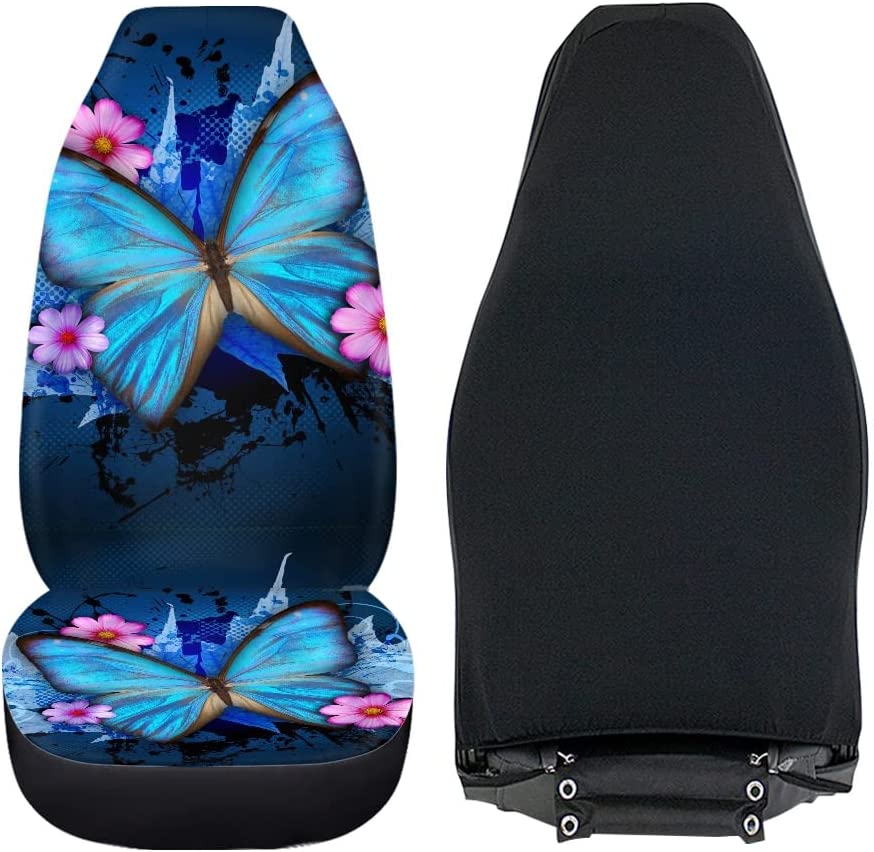 Sivio Chic Tropical Blue Butterfly Floral Car Seat Covers High Back Design Front Seats Only，Universal Fit Vehicle Seat Protectors for SUV，Truck，Sedan-Pack of 2