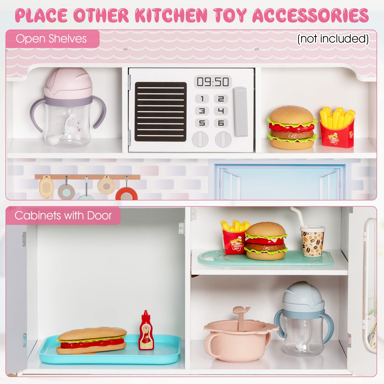 Costzon 2 in 1 Kids Kitchen Playset and Dollhouse, Wooden Double-Sided Pretend Chef Play Set