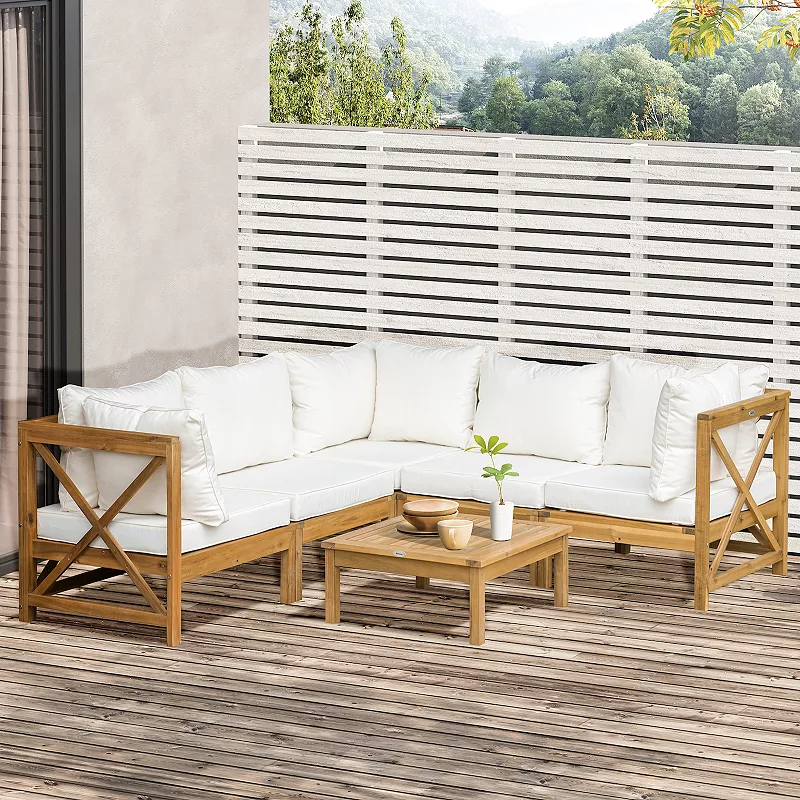 Outsunny 6 Pieces Patio Furniture Set with 4 Thick Cushions， Acacia Wood Outdoor Furniture Sectional Conversation Modular Sofa with Back Pillows for Garden， Backyard， Cream White