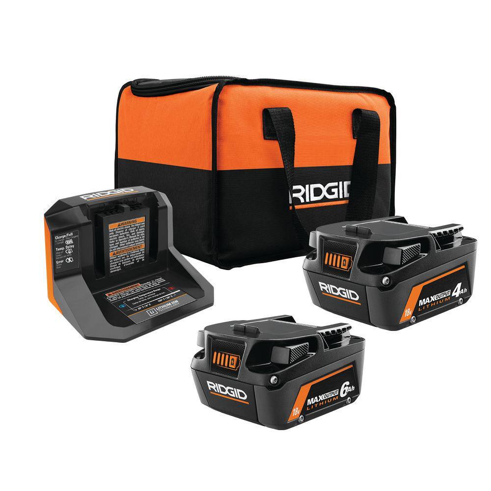 RIDGID 18V 6.0 Ah and 4.0 Ah MAX Output Lithium-Ion Batteries and Charger Kit with Bag AC840060SB1