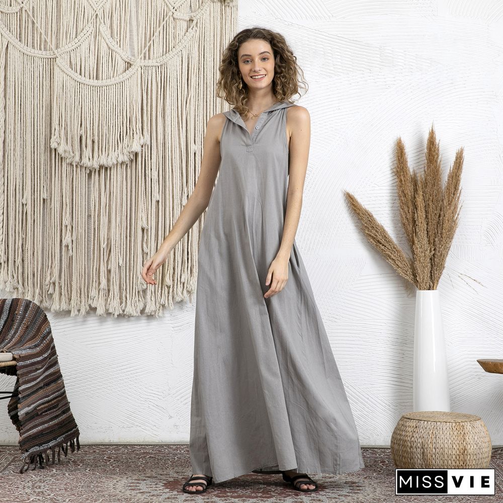 Linen Hoodie Sleeveless Kaftan Dress