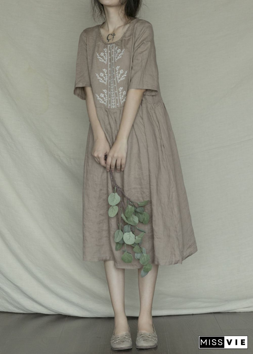 Bohemian Green Embroideried Casual Linen Dress Short Sleeve