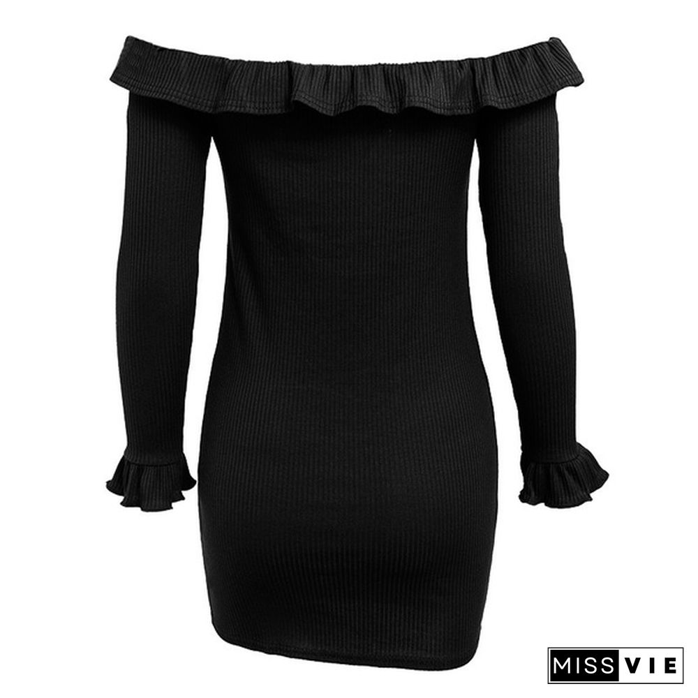 Women's Fashion Off Shoulder Ruffle Dress Long Sleeve Bodycon Dress Mini Dress