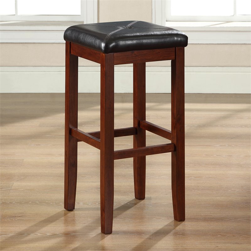 UPHOLSTERED SQUARE SEAT BAR STOOL IN VINTAGE MAHOGANY FINISH WITH 29 INCH SEAT HEIGHT. (SET OF TWO)