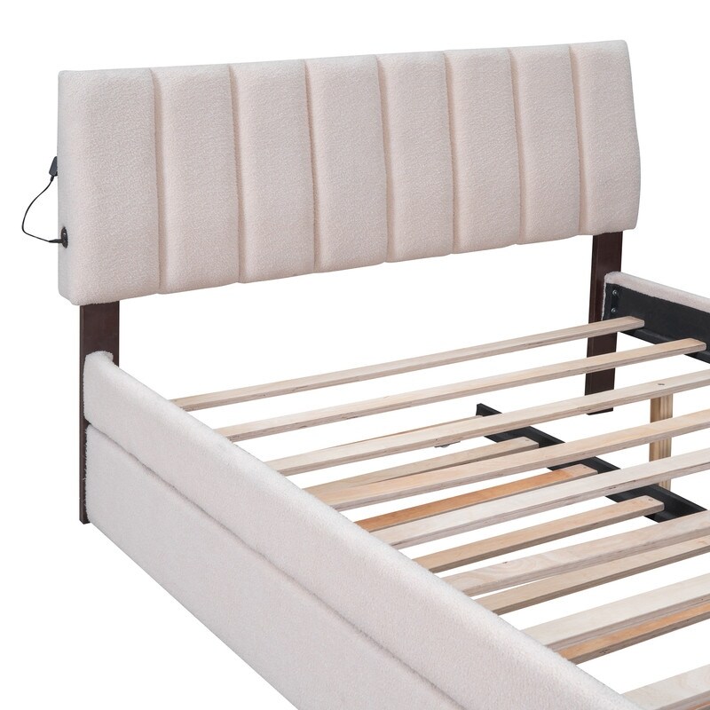 Teddy Fleece Full/Queen Size Upholstered Platform Bed with Trundle  Smart LED Bed Frame with Headboard and Wooden Slats Support