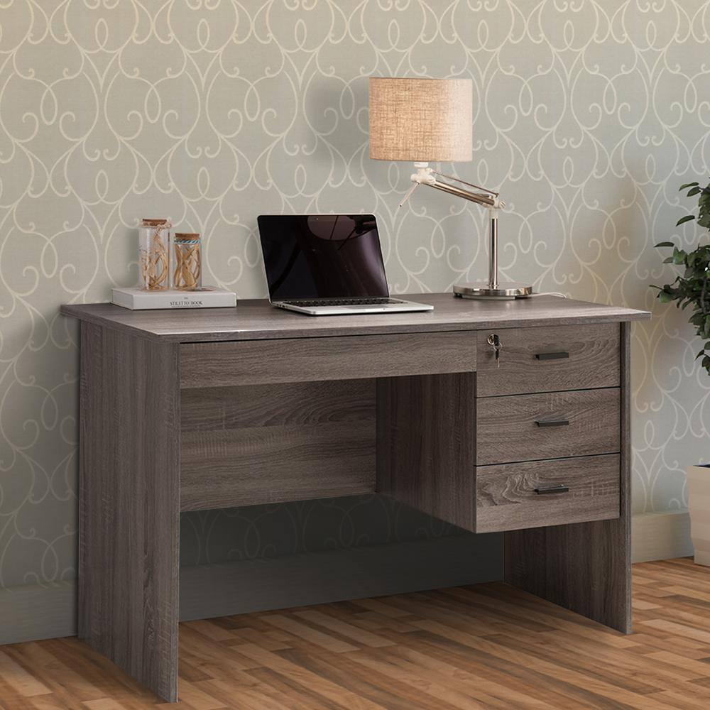 Benzara 48 in. Rectangular Gray 3 Drawer Computer Desk with Locking Feature BM148857