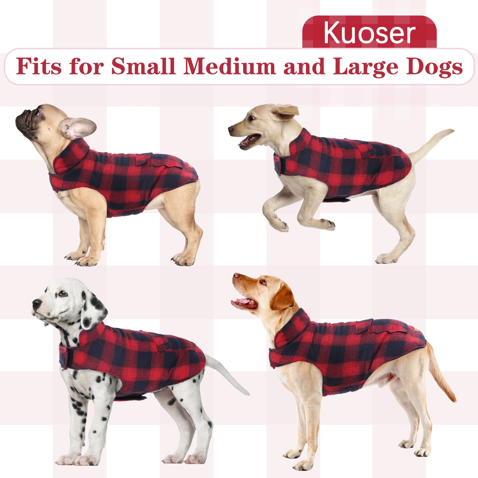 Kuoser Polyester Plaid Winter Dog Coat and Jacket， Red， XS