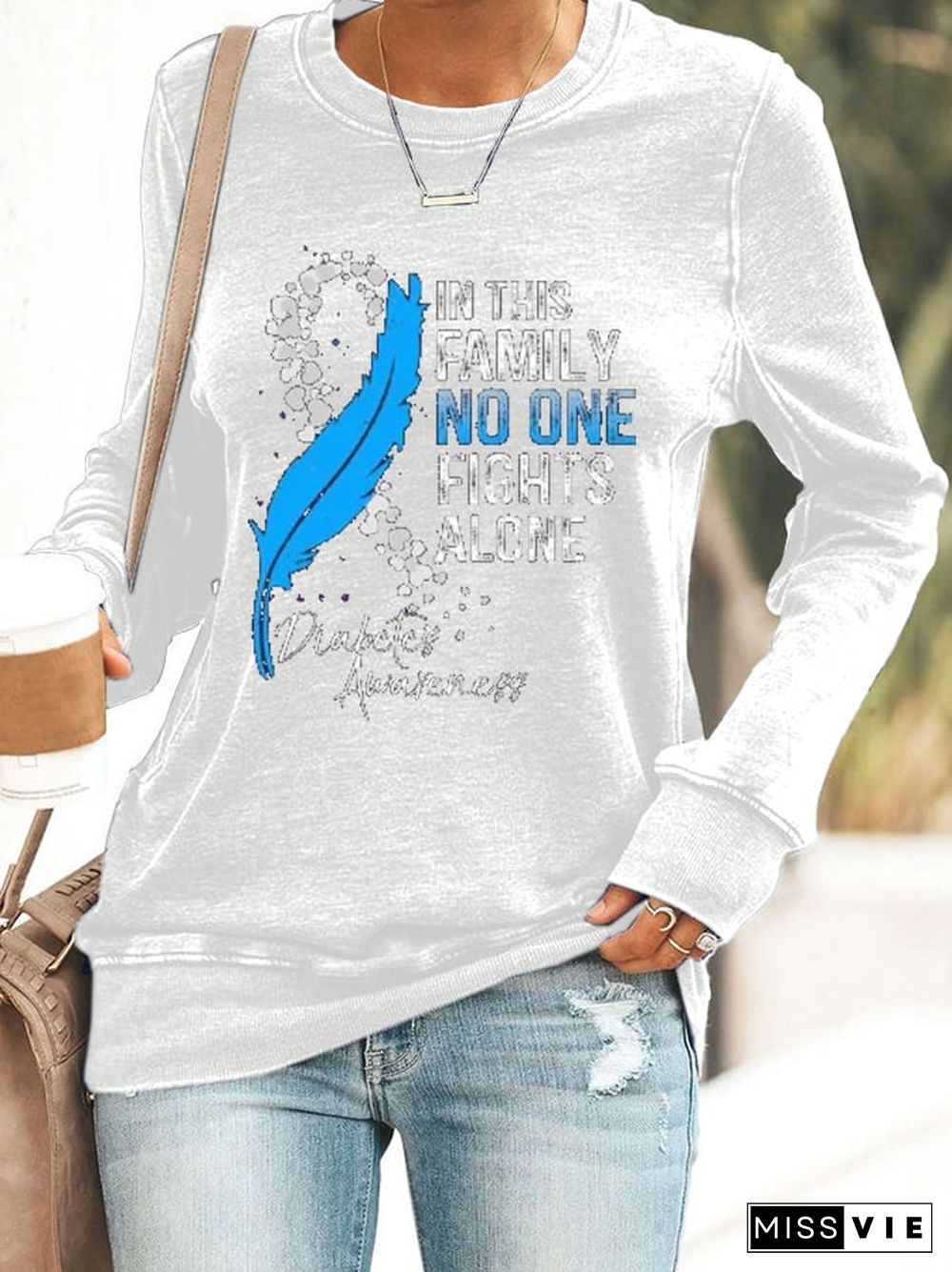 Women's In This Family No One Fights Alone Diabetes Awareness Print Casual Sweatshirt