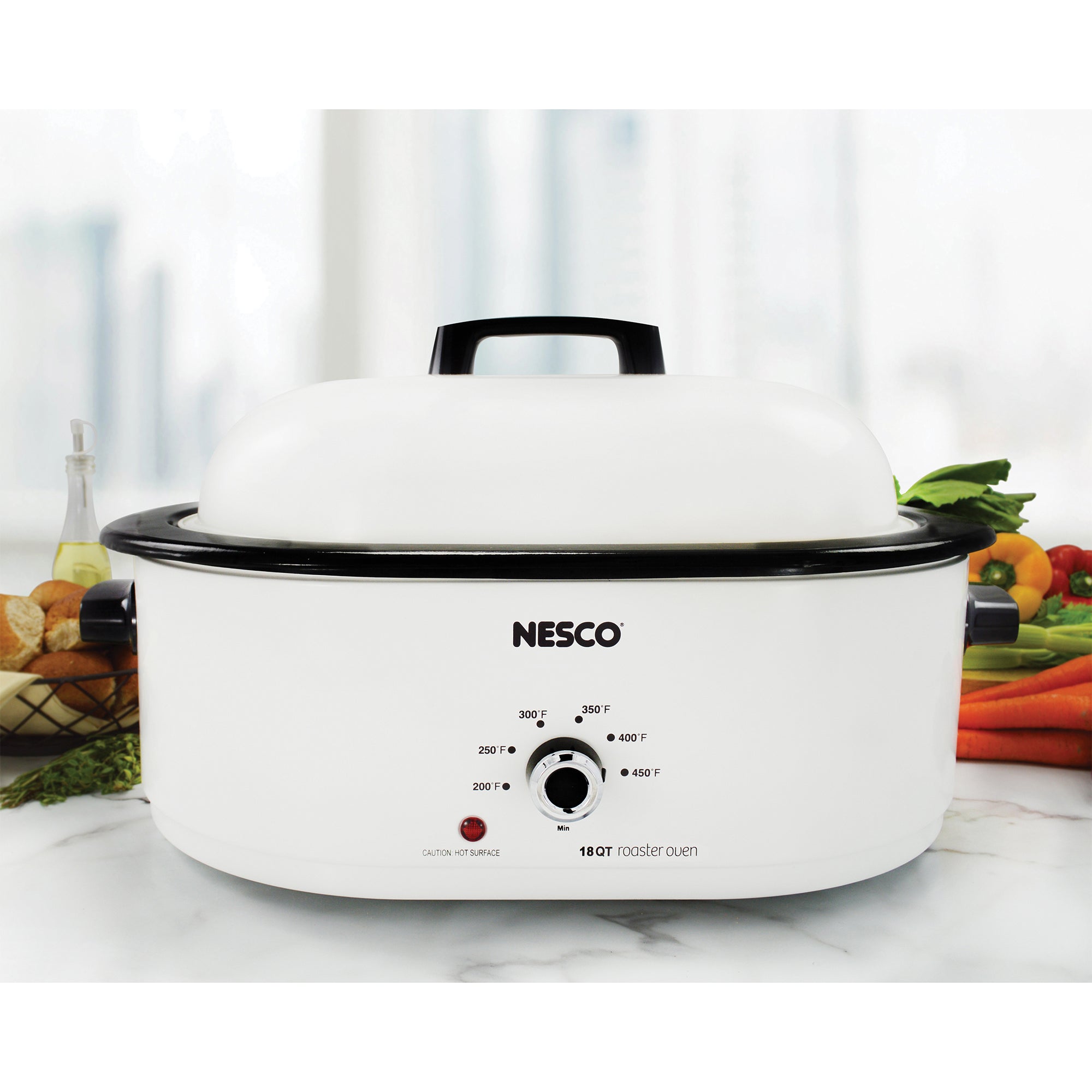 NESCO 18-Qt. 1,450-Watt Roaster with Porcelain Cookwell, White, MWR18-14