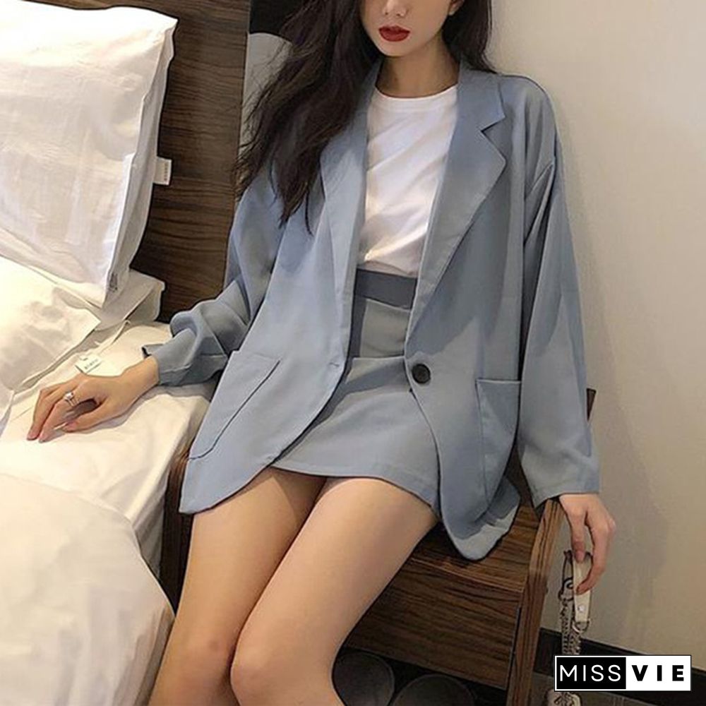 Fashion Women Skirt Suits One Button Notched Spring Blazer Jackets Slim Mini Skirts Two Pieces Ol Sets Female Outfits