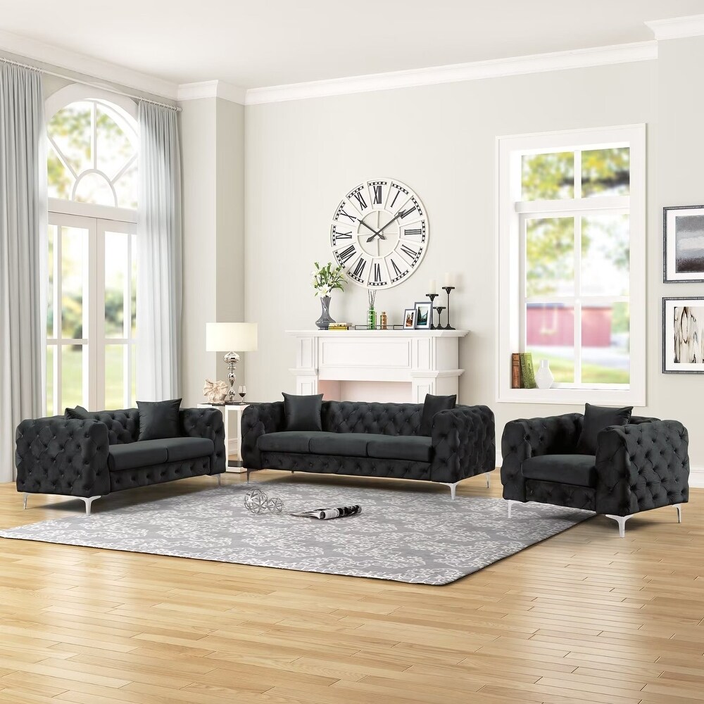 Morden Fort Contemporary Chair Loveseat and Sofa Set with Deep Button Tufting Dutch Velvet  Solid Wood Frame and Iron Legs