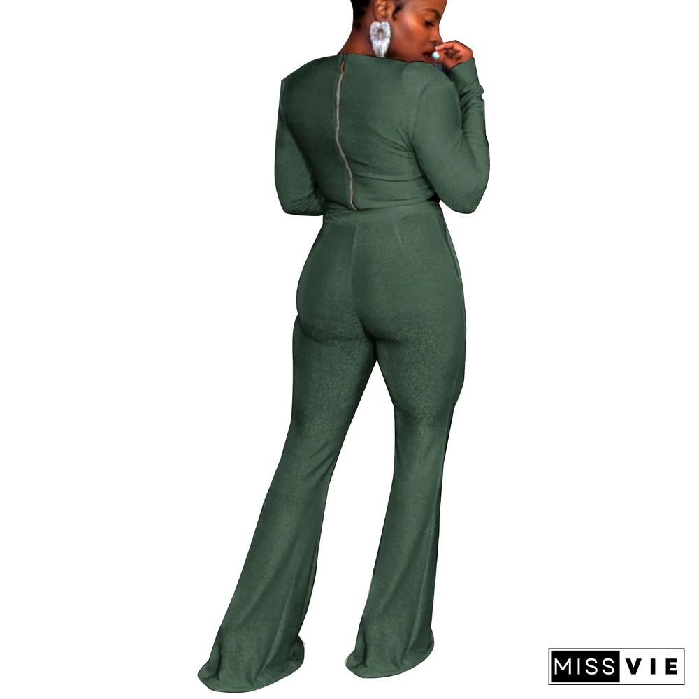 Sexy Zipper V-neck Flared Pants Pocket Stretch Two-piece Suit