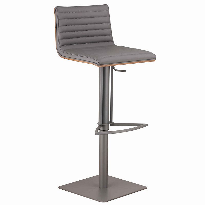 Faux Leather Adjustable Barstool with Horizontal Stitching Details， Gray