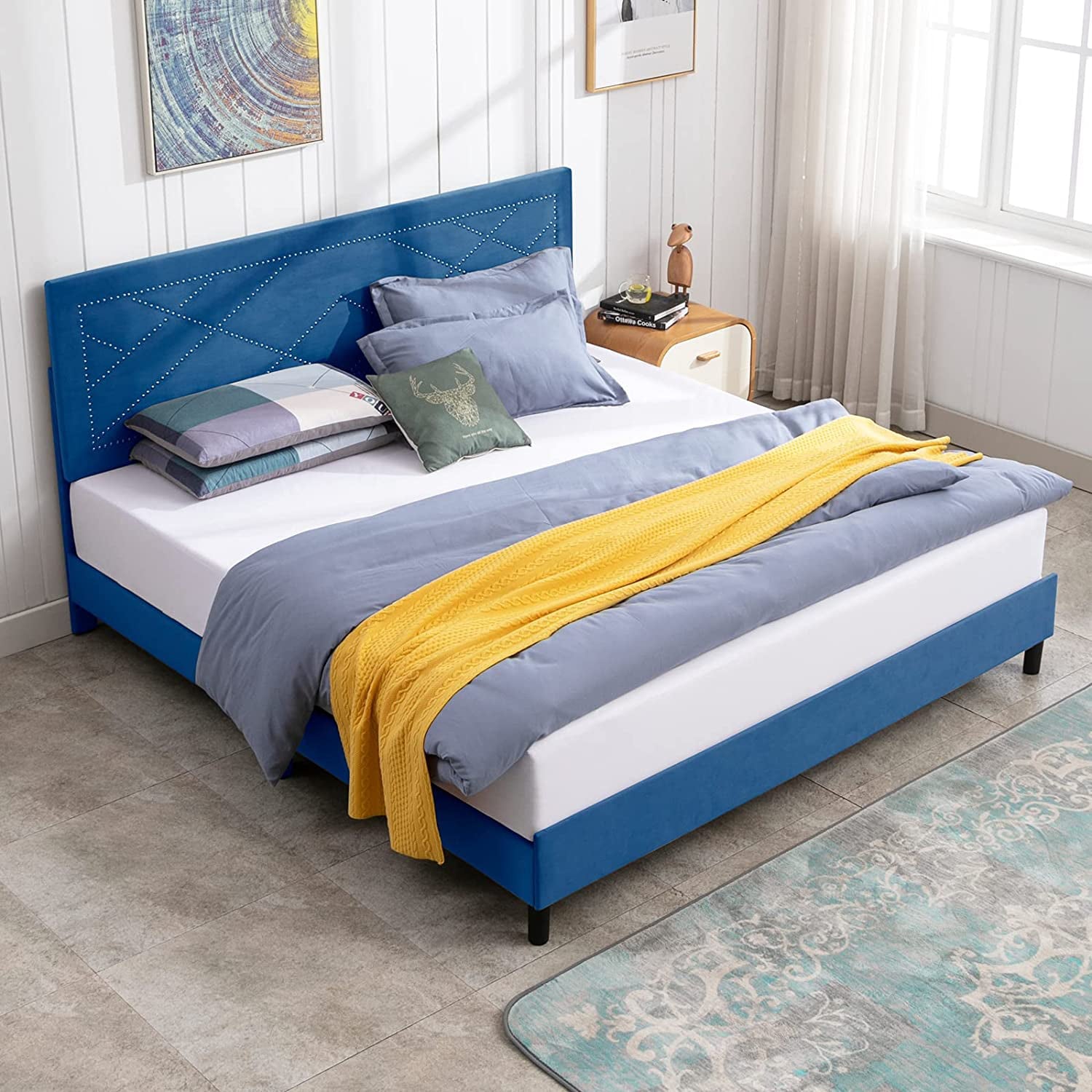 Mixoy King Bed Frame with High Headboard, Upholstered Platform Bed with Rivet Design, Wood Slat Support, Easy Assembly (King, Blue)