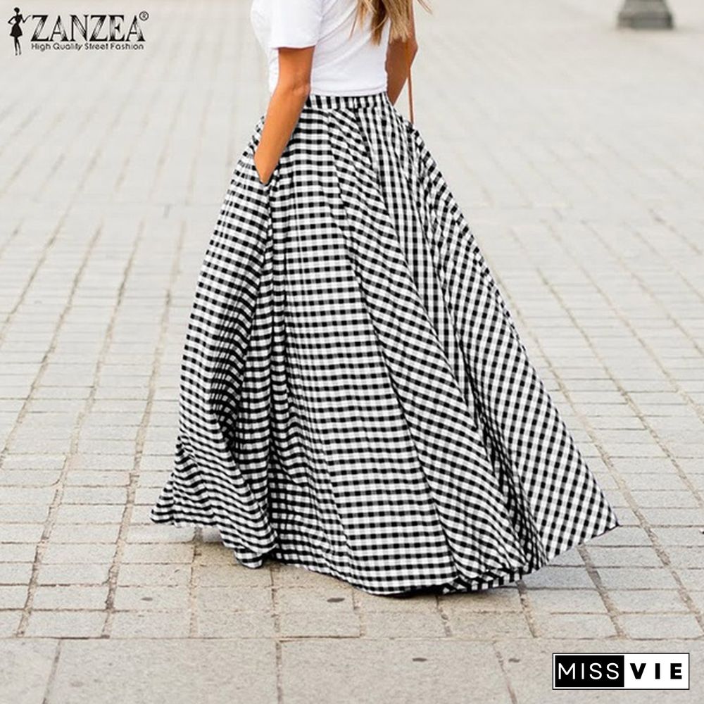 Zanzea Womens A-Line Plaid Summer Pockets Long Skirts Gonna Donna