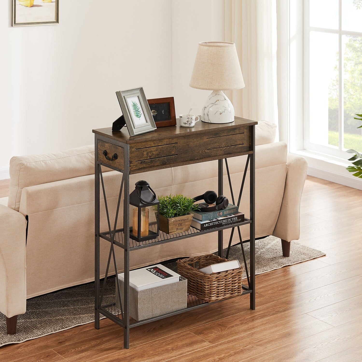 Modern Narrow Console Table with 2 Dual Drawer and Shelves， Brown