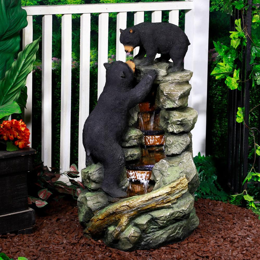 Alpine Corporation 36 in. Tall Outdoor 2 Bears Climbing on Rainforest Water Fountain TZL178