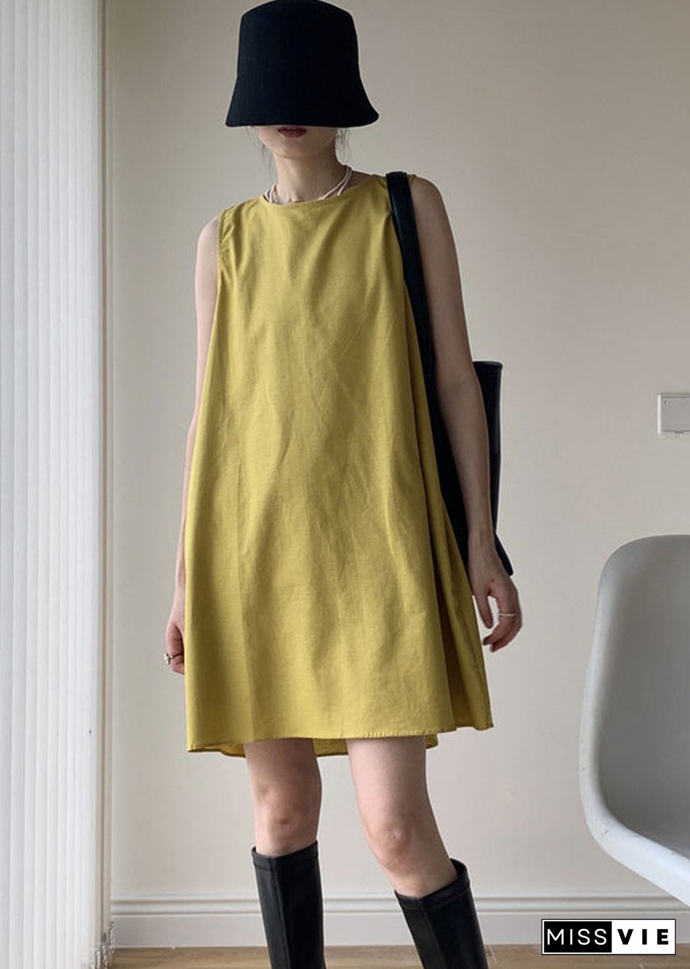 Casual Yellow O Neck Patchwork Cotton Mid Dresses Sleeveless