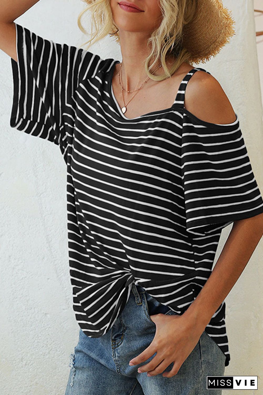 Fashion Street Striped Oblique Collar T-Shirts