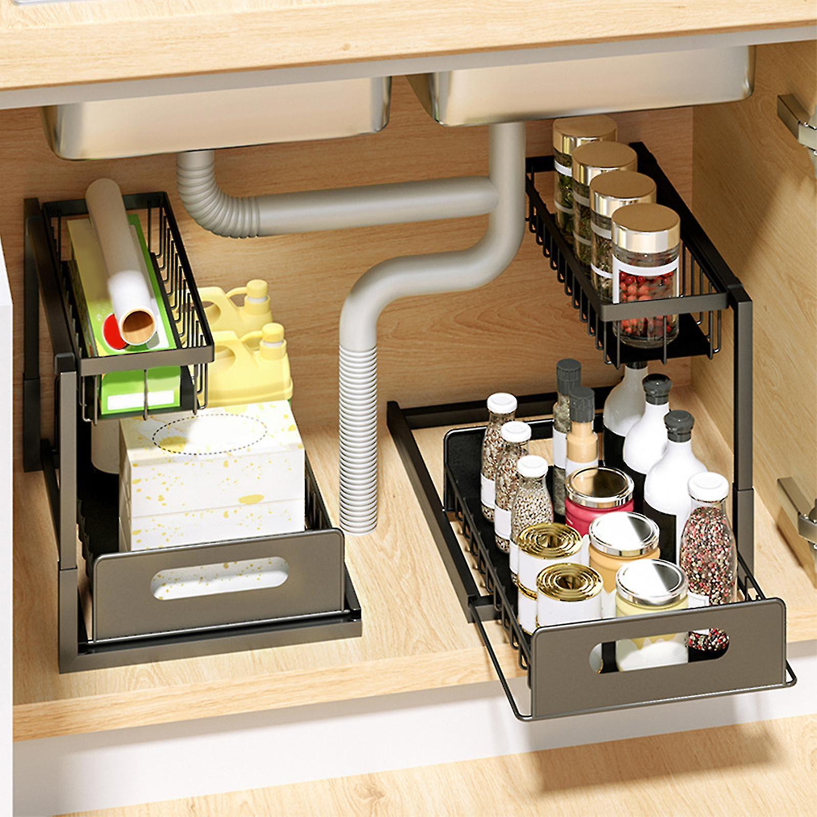 Bathroom Organizer Under Sink With Sliding Storage Drawer，2-tier Pull Out Kitchen Cabinet Sink Shelf