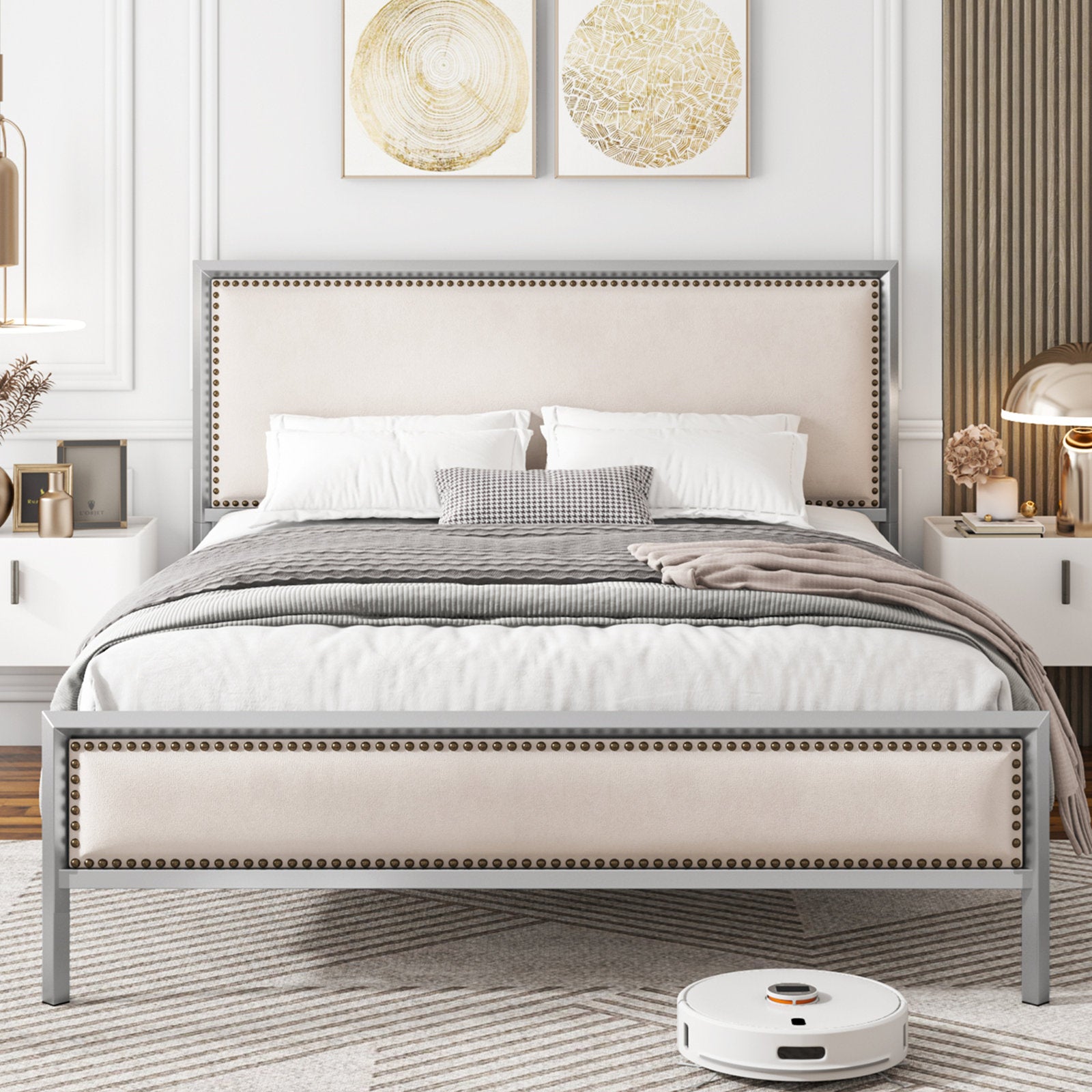 Homfa Queen Size Bed Frame, Modern Metal Framed Bed with Button Linen Tufted Upholstered Headboard, Wooden Slat Support, Sliver