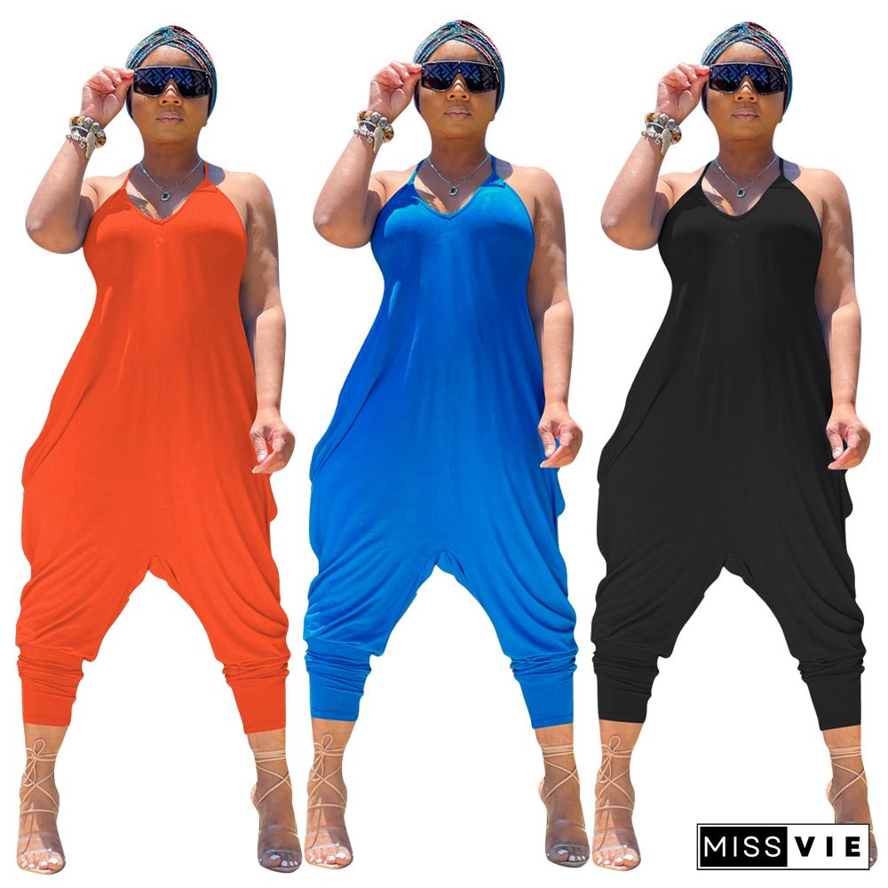 V Neck Sleeveless Solid One Piece Harem Jumpsuits