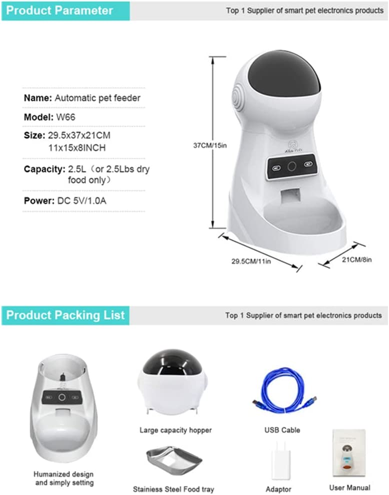 Alla Pets Dogs and Cats Feeder， Smart Automatic Pet Feeder Food Bowl Tank， Auto Pet Dry Food Dispenser 1~39 Portions Meal for Small and Large Pets (White)