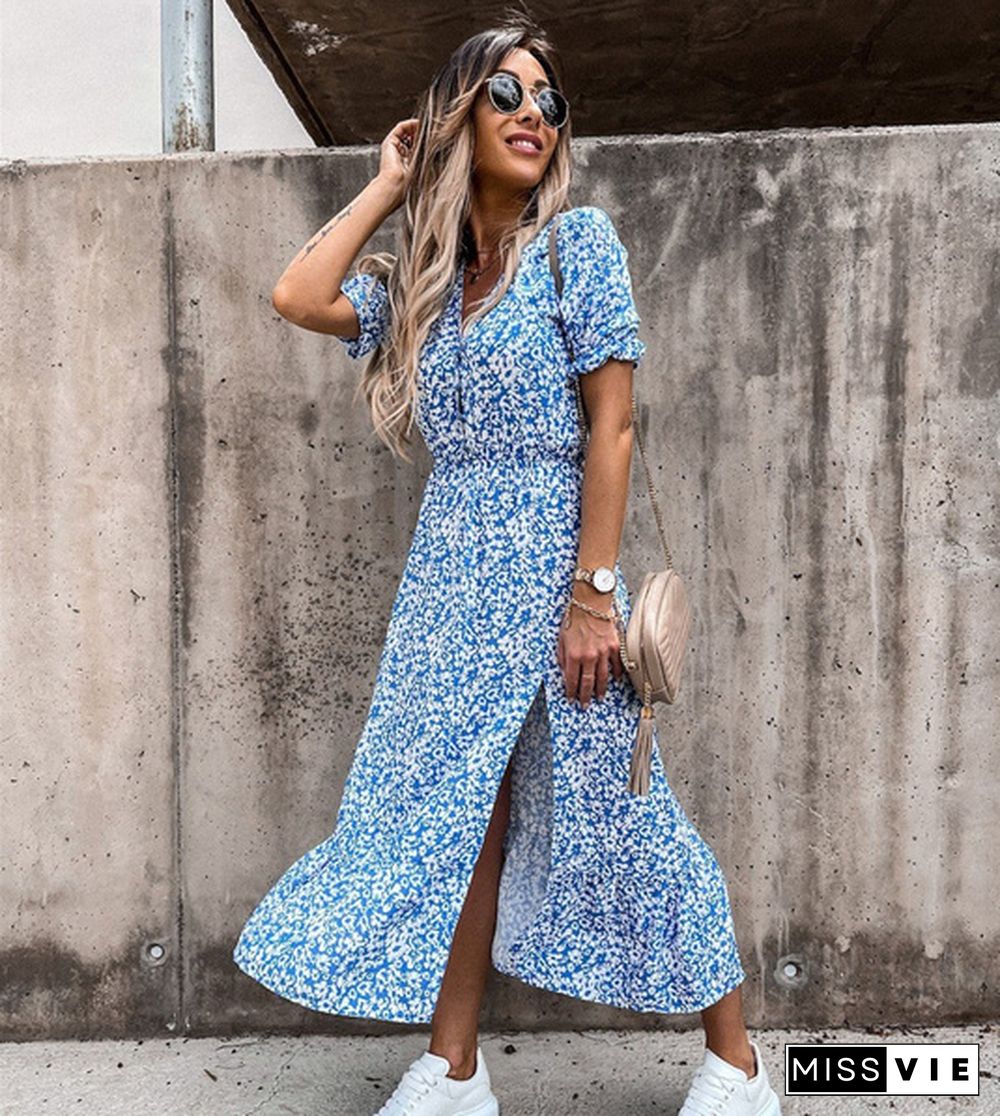 Women Summer Fashion V Neck Short Sleeve Print Long Dress Beach Boho Dress Split Ladies Dress