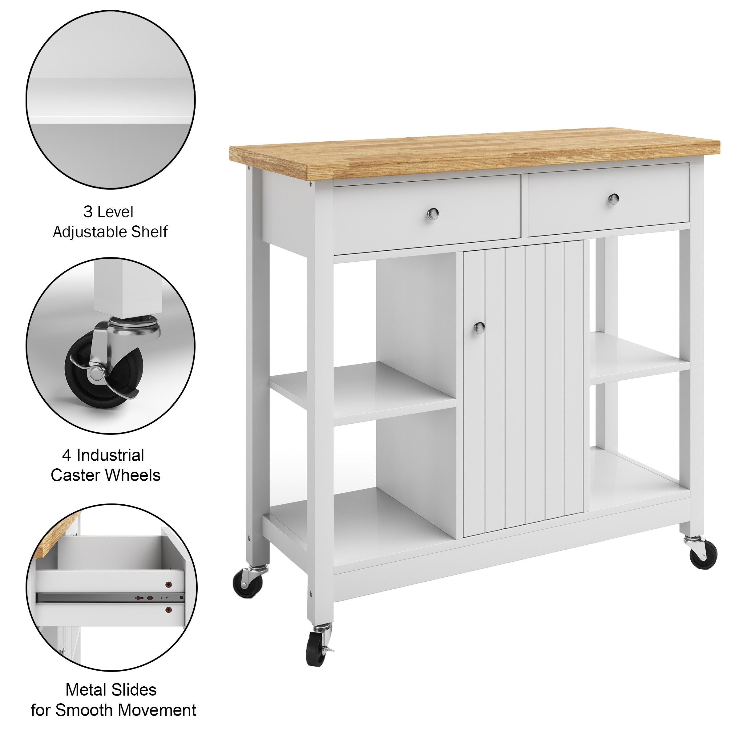 Lavish Home Kitchen Island Rolling Cart with Drawers and Casters， White