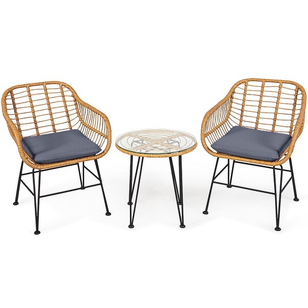 Costway 3PCS Patio Rattan Bistro Furniture Set Cushioned Chair Table