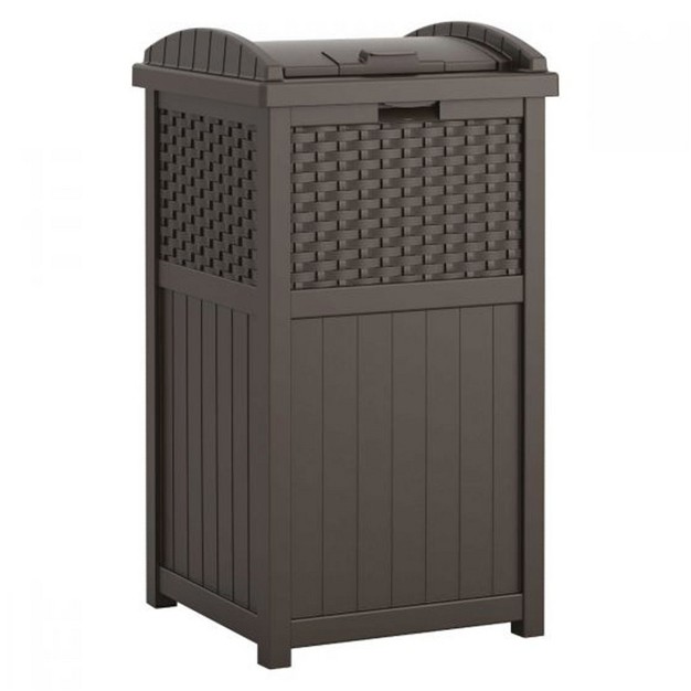 Suncast Trash Hideaway Resin Wicker Style Garbage Bin amp 99 Gallon Deck Box Java