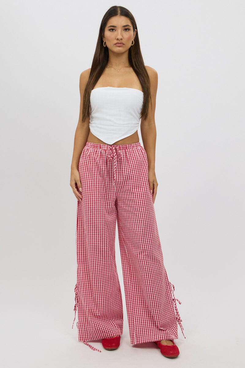 Red Check Wide Leg Pants Side Ribbon
