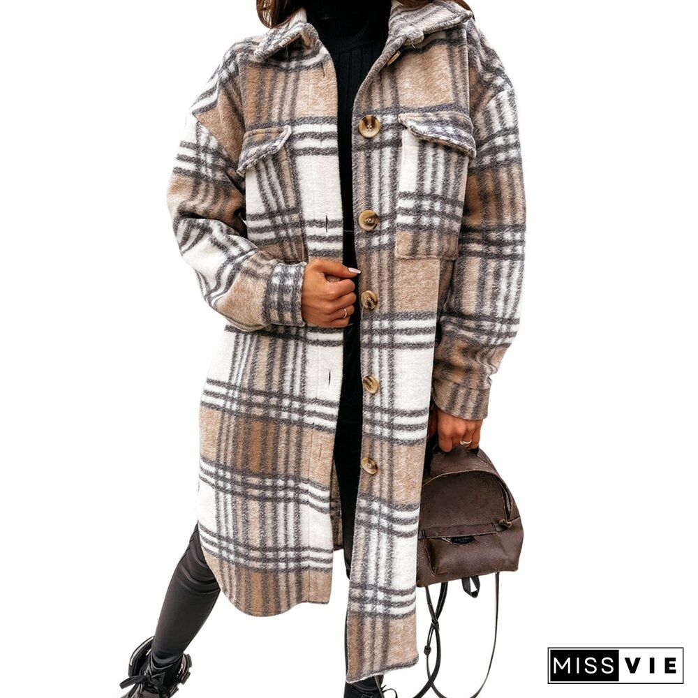 Winter Checked Women Jacket Down Overcoat Warm Plaid Long Coat Oversize Thick Woolen Blends Female Streetwear