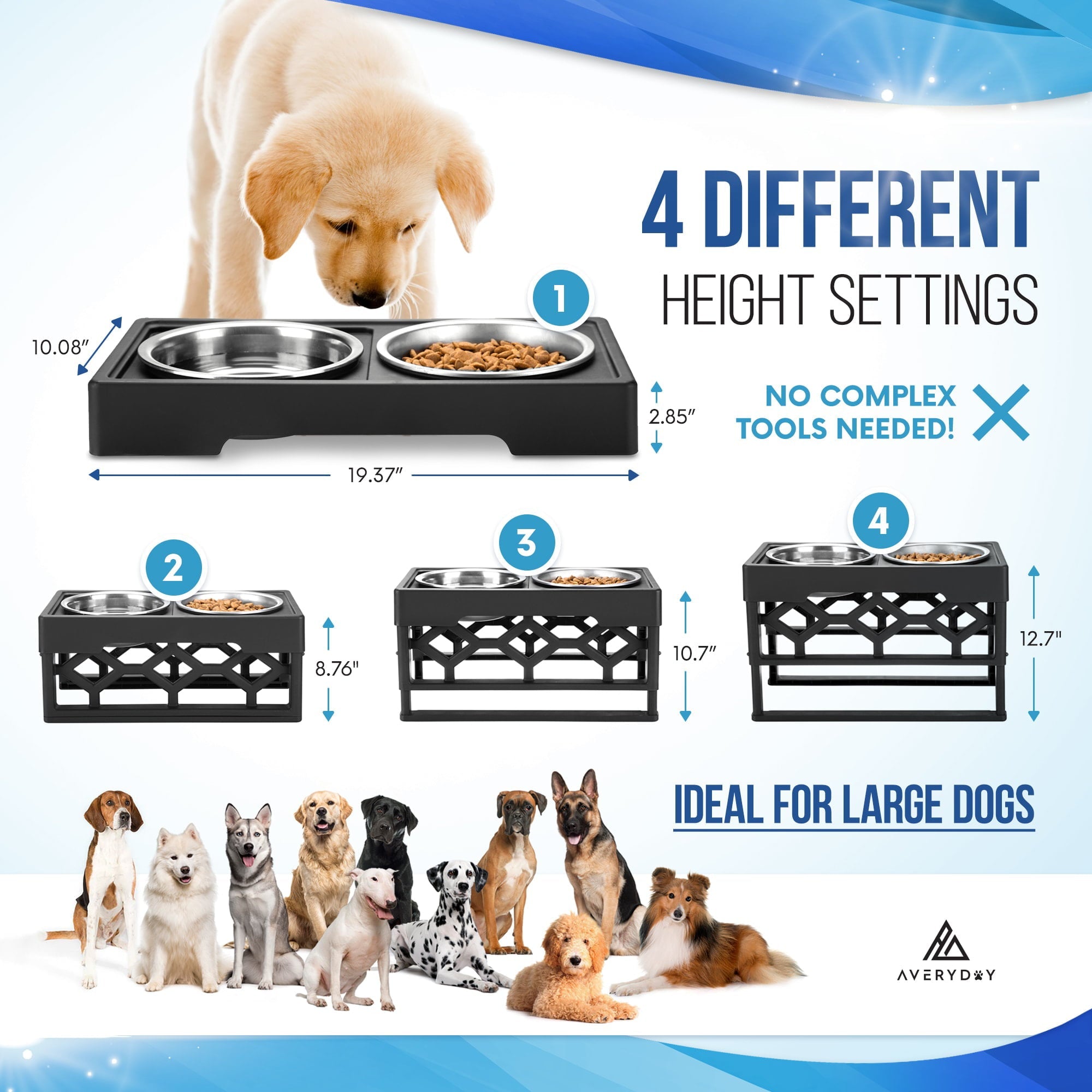 AVERYDAY Large Elevated Dog Bowls Holder with 2 Water Bowls, 4 Heights 2.9" 8.8" 10.7" 12.7" Dog Feeding Station, Adjustable Tall Raised Dog Food Bowls Stand for Medium Large Size Dog