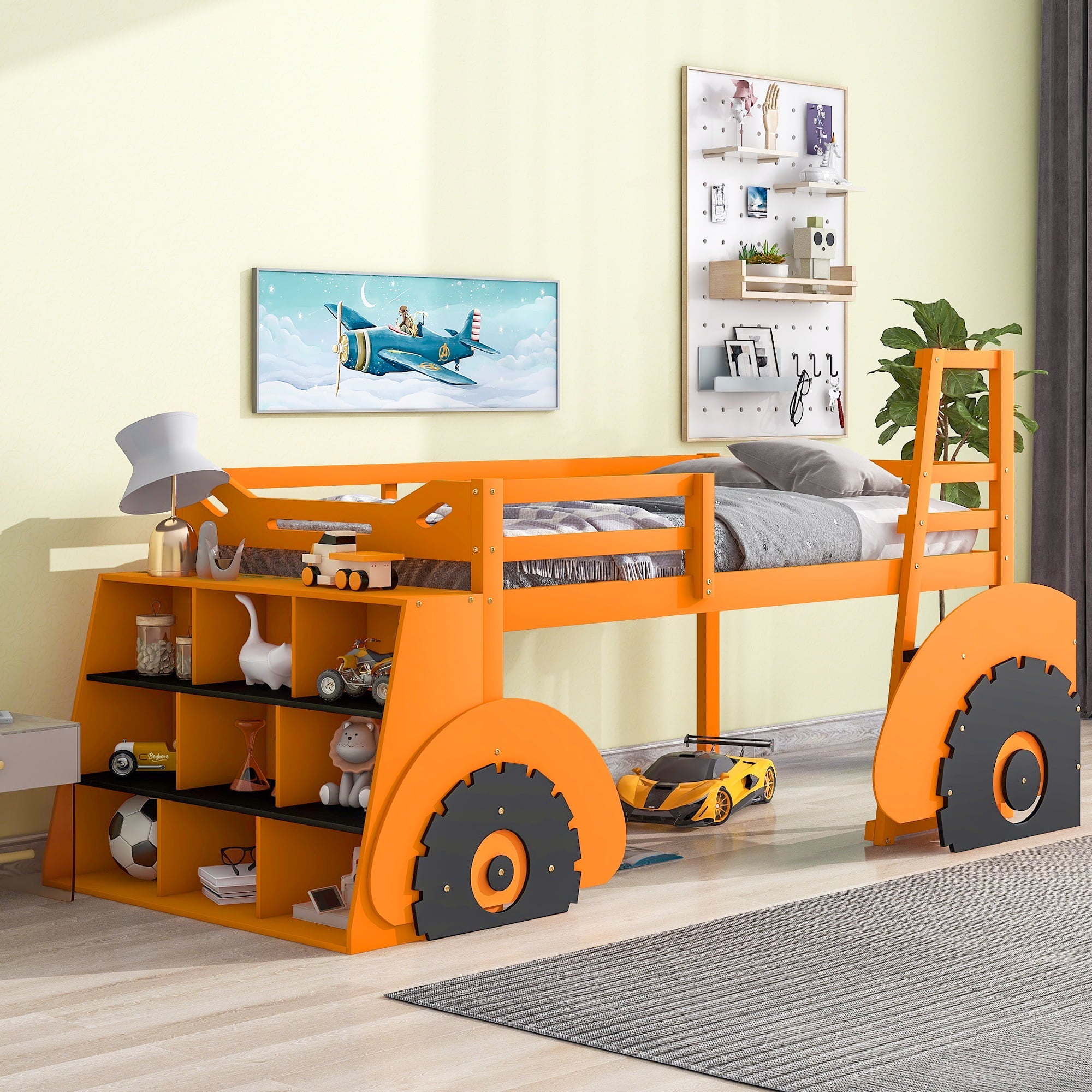 Pine Wood Car-Shaped Low Loft Bed with Shelf for Kids Bedroom, Orange