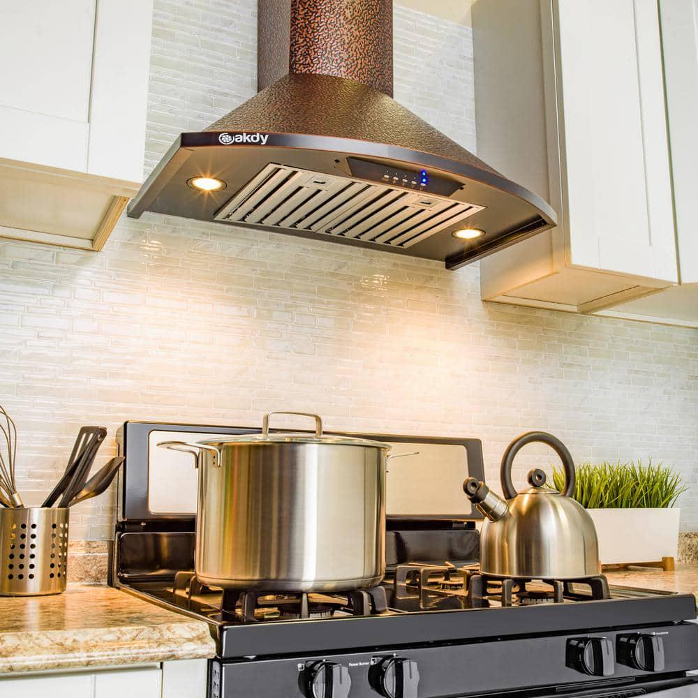 AKDY 30 in 343 CFM Convertible Wall Mount Range Hood with LED Lights and Push Control in Embossed Copper with Carbon Filters