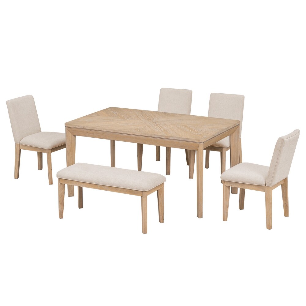 6 Piece Dining Wood Table Set with 4 Upholstered Dining Chairs and Bench  60\