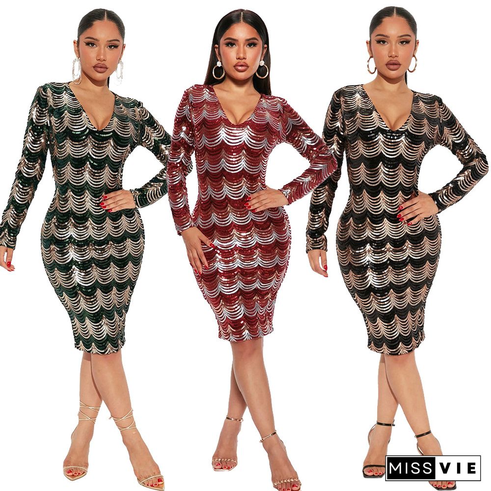 Sequin Sexy Deep V Long Sleeve Slim Bag Hip Party Nightclub Dress