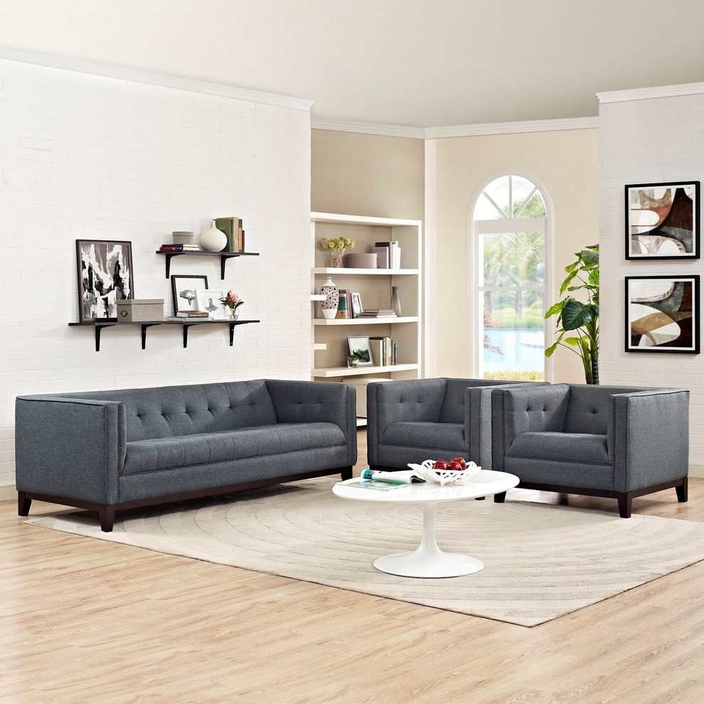 Modern Contemporary Urban Living Sofa 3 Piece Set  Navy Blue  Fabric   Midcentury   Living Room Furniture Sets   by House Bound  Houzz