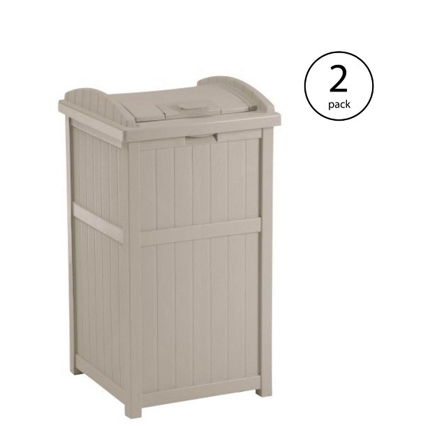 Suncast 30 33 Gallon Deck Patio Resin Garbage Trash Can Hideaway Taupe 2 Pack