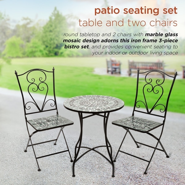 Alpine Corporation Indoor/Outdoor Marbled Glass Mosaic 3Piece Bistro Set Folding Table and Chairs Patio Seating