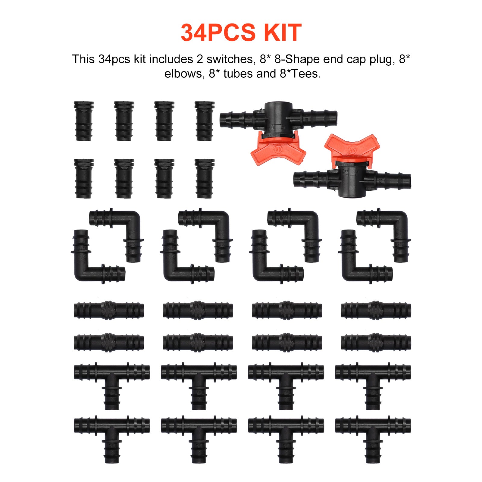 34Pcs Irrigation Fitting Kit 1/2inch Tubing Set 2 Switches Non-Glue for Rain Pipes Compatible Drip Sprinkler Greenhouse