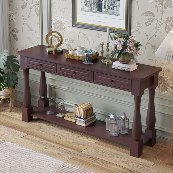 Sofa Table with Storage Drawers and Bottom Shelf， Wood Console Table