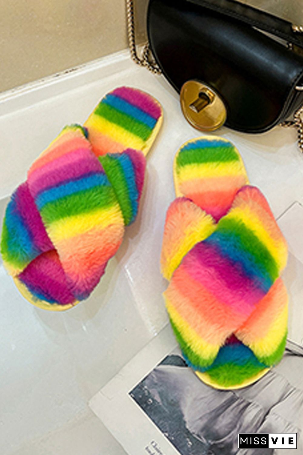 Multicolor Fluffy Criss-cross Home Slippers Wholesale