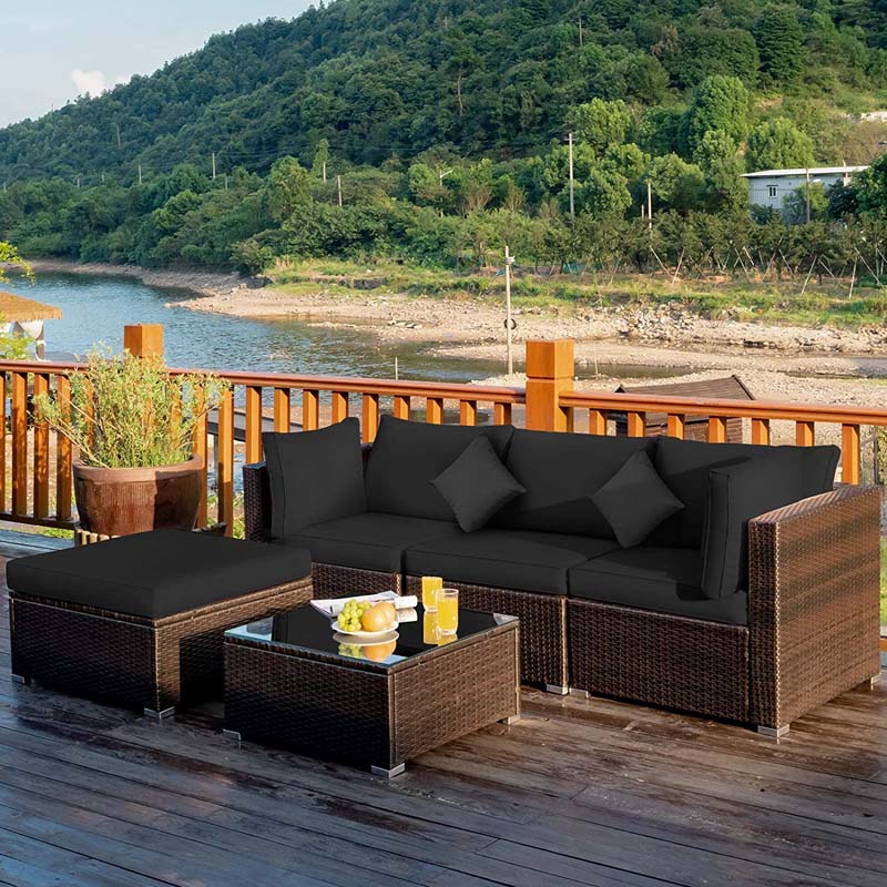 5 Pcs Outdoor Patio Rattan Furniture Sectional Sofa Set Wicker Conversation Set with Cushions